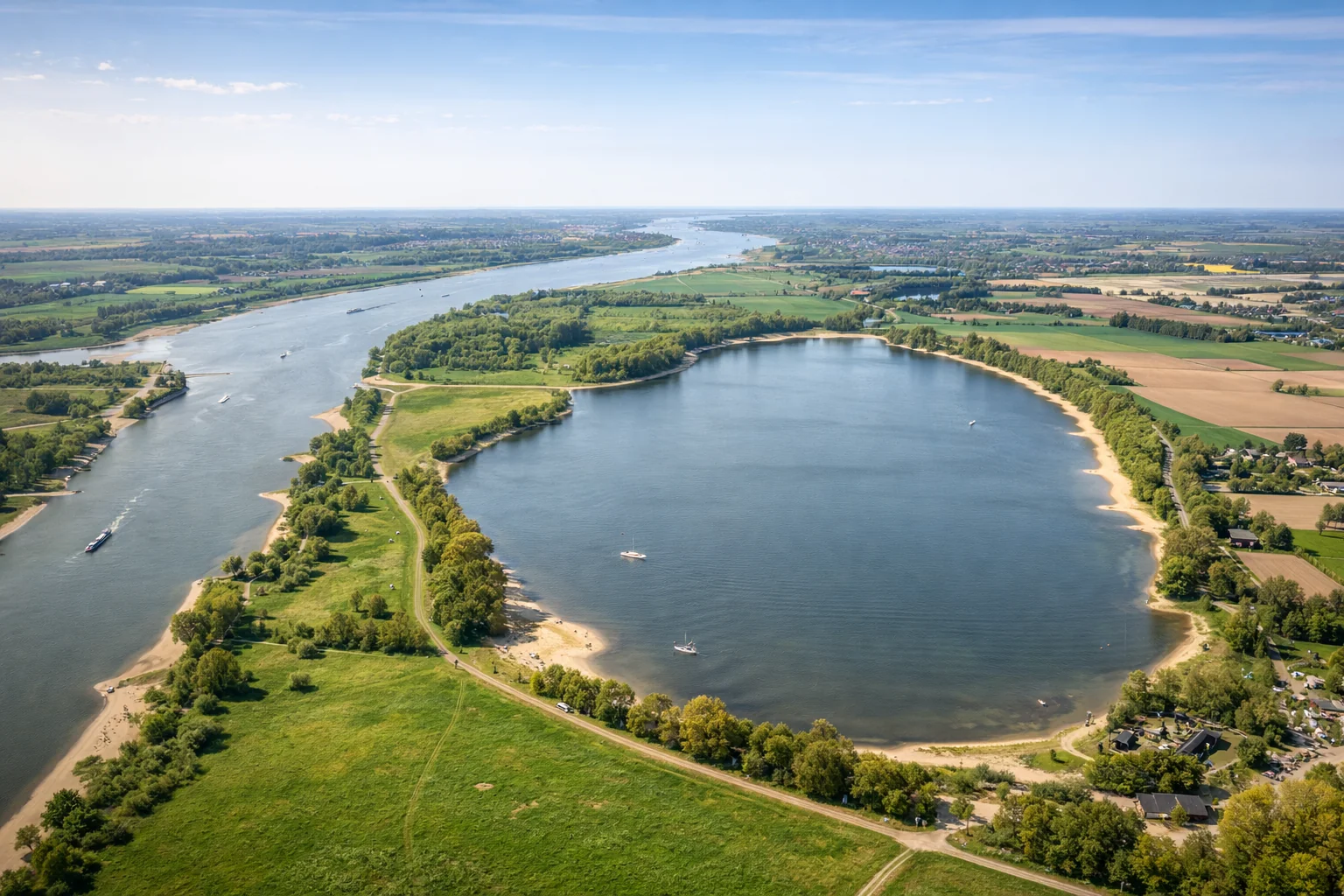 Flürener Altrhein aus der Luft — Sandstrand und stilles Wasser