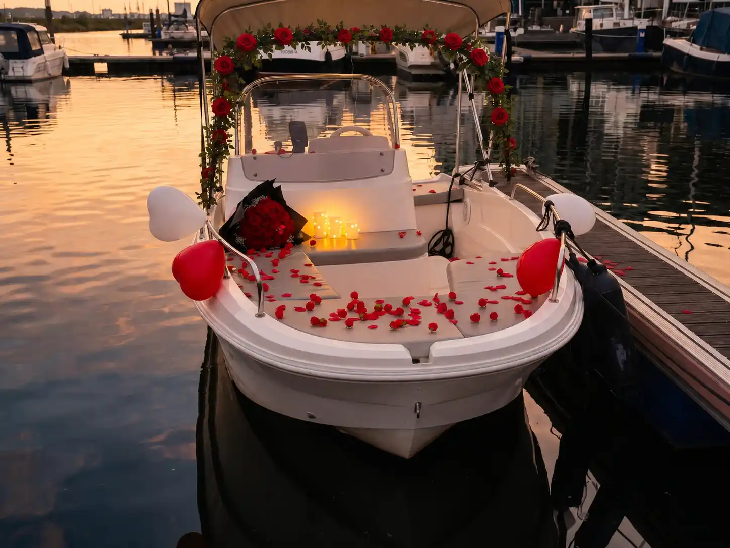 Romantisch geschmücktes Boot – Heiratsantrag im Innenhafen
