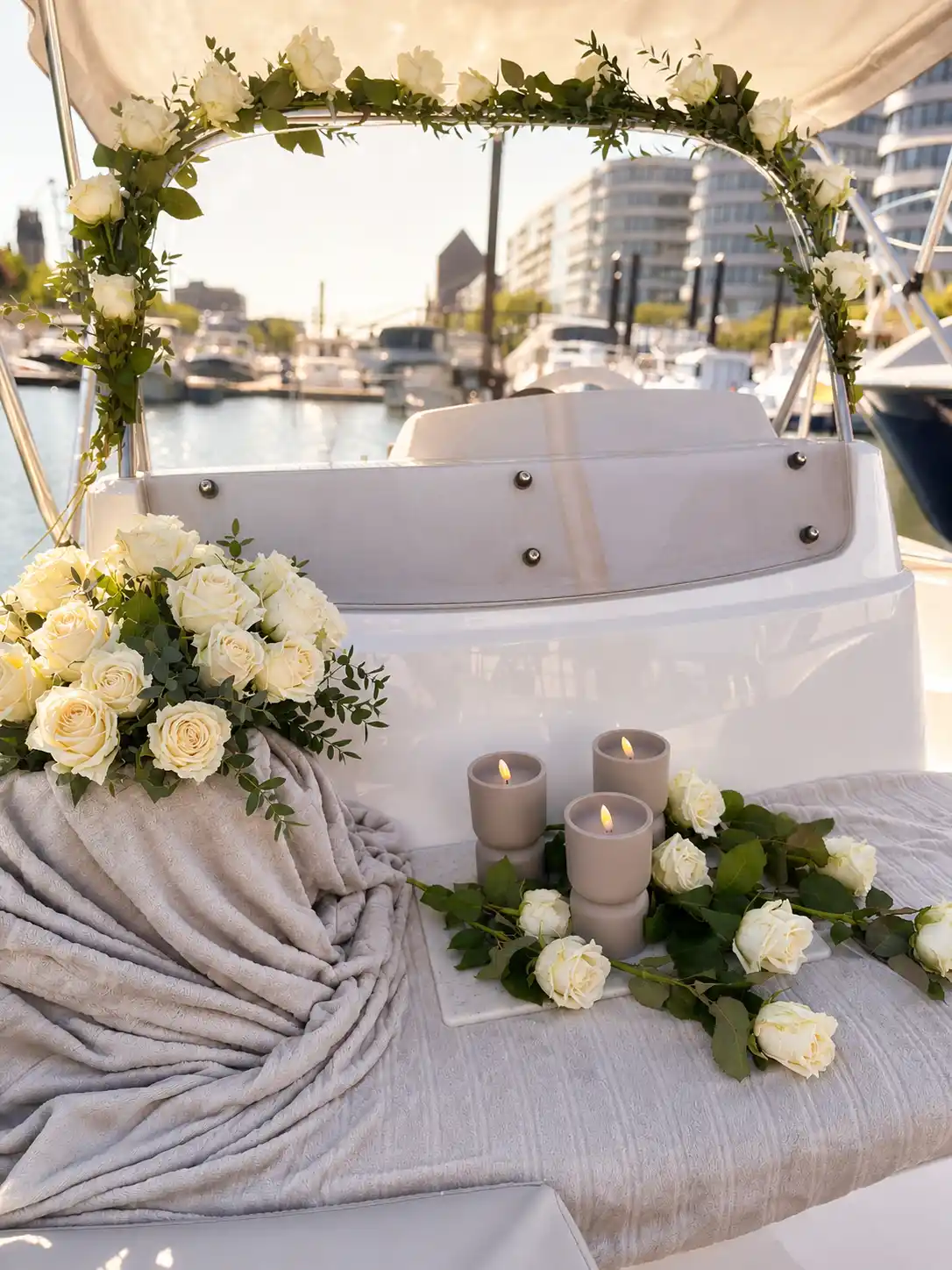 Dekoriertes Boot mit Blumen und Lichtern für den Heiratsantrag